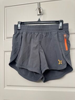 Orangetheory Gray Athletic Shorts with Orange Zip and Logo
